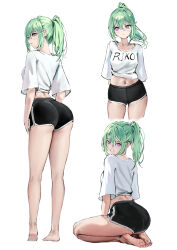 1girl ass bare_legs barefoot black_shorts clothes_writing crop_top dolphin_shorts from_behind full_body green_hair grin highres long_hair looking_at_viewer looking_back midriff multiple_views navel nonekong ponytail purple_eyes seiza shirt short_shorts short_sleeves shorts simple_background sitting smile standing stellive stomach thighs virtual_youtuber white_background white_shirt yuzuha_riko