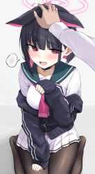Rule 34 | 1girl, 1other, absurdres, animal ears, asymmetrical hair, black hair, black jacket, black pantyhose, blue archive, blue sailor collar, blush, breasts, cat ears, cat girl, colored inner hair, commentary request, extra ears, fang, from above, halo, hand up, headpat, highres, jacket, jacket partially removed, kazusa (blue archive), long sleeves, minazuki (uraha246), miniskirt, multicolored hair, neckerchief, no shoes, open mouth, pantyhose, paw pose, pink eyes, pink hair, pink halo, pink neckerchief, pleated skirt, pov, pov hands, sailor collar, sensei (blue archive), shirt, short hair, sidelocks, simple background, sitting, skirt, speech bubble, wariza, white background, white shirt, white skirt