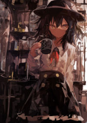 Rule 34 | 1girl, arm behind back, black hair, black hat, black skirt, bow, buttons, collared shirt, commentary, cowboy shot, cup, fedora, frilled skirt, frills, hat, hat bow, highres, holding, holding cup, indoors, kaamin (mariarose753), long sleeves, looking at viewer, medium hair, mug, neckerchief, red neckerchief, shelf, shirt, skirt, solo, star (symbol), touhou, usami renko, white bow, white shirt, yellow eyes