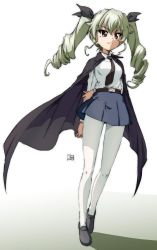Rule 34 | 1girl, anchovy (girls und panzer), anzio school uniform, arm behind back, arm grab, artist name, belt, black belt, black cape, black footwear, black necktie, black ribbon, black skirt, cape, closed mouth, commentary, dress shirt, drill hair, erakin, full body, girls und panzer, gradient background, green hair, grey background, hair ribbon, highres, holding, holding riding crop, loafers, long hair, long sleeves, looking to the side, miniskirt, necktie, pantyhose, pleated skirt, red eyes, ribbon, riding crop, school uniform, shadow, shirt, shoes, signature, sketch, skirt, smile, solo, standing, twin drills, twintails, white background, white pantyhose, white shirt, wing collar