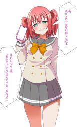 1girl absurdres aqua_eyes blush bow bowtie buttons cellphone chokkakudo commentary_request cowboy_shot double-breasted grey_sailor_collar grey_skirt grin head_tilt highres holding holding_phone kurosawa_ruby long_sleeves looking_at_viewer love_live! love_live!_sunshine!! miniskirt orange_bow orange_bowtie phone pleated_skirt red_hair sailor_collar school_uniform serafuku shirt skirt smartphone smile solo speech_bubble standing translation_request two_side_up uranohoshi_school_uniform white_shirt winter_uniform