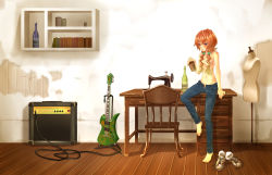 Rule 34 | amplifier, barefoot, denim, guitar, instrument, jeans, long hair, no bra, open fly, original, pants, red hair, shoes, terumii, topless, twintails, unzipped