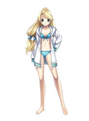 Rule 34 | 1girl, absurdres, alternate costume, aqua eyes, arm behind back, atelier (series), atelier marie, barefoot, bikini, bikini under clothes, blonde hair, blue bikini, breasts, cleavage, cross edge, earrings, feet, female focus, front-tie top, full body, green eyes, hair bobbles, hair ornament, highres, hirano katsuyuki, hood, hoodie, jacket, jewelry, legs, long hair, looking at viewer, low-tied long hair, marie (atelier), medium breasts, navel, official art, open clothes, open jacket, parted bangs, ponytail, quad tails, simple background, smile, solo, standing, striped bikini, striped clothes, swimsuit, swimsuit under clothes, unzipped, white background, zipper