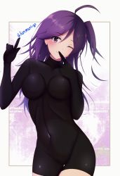 Rule 34 | 1girl, absurdres, ahoge, black bodysuit, bodysuit, closed mouth, covered navel, cowboy shot, finger to mouth, hagikaze (kancolle), hair between eyes, highres, honma (honmatomohiro), kantai collection, long hair, looking at viewer, one eye closed, one side up, purple hair, skin tight, smile, solo, standing, thigh gap, twitter username, yellow eyes