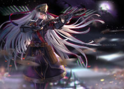 Rule 34 | 10s, 1girl, altair (re:creators), black hat, chromatic aberration, copyright name, denki, hat, holding, holding sword, holding weapon, long hair, looking away, motion blur, open mouth, peaked cap, re:creators, revision, solo, standing, sword, teeth, twintails, very long hair, weapon, white hair