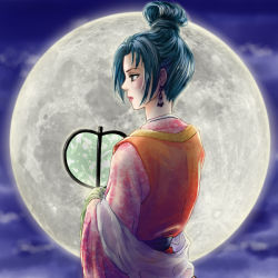 Rule 34 | 1girl, black eyes, black hair, blush, cloud, cloudy sky, commentary, earrings, eyelashes, floral print, from behind, full moon, gradient background, hair up, hand fan, jewelry, layered clothes, lips, lipstick, looking to the side, makeup, moon, moonlight, night, night sky, nose, original, princess, profile, shawl, sky, solo, tayukoro