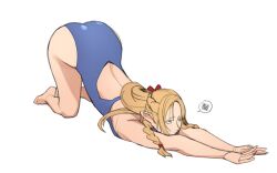 Rule 34 | 1girl, ass, blonde hair, blue one-piece swimsuit, braid, competition swimsuit, dungeon meshi, highres, long hair, marcille donato, one-piece swimsuit, pointy ears, ribbon, solo, stretching, swimsuit, y frt