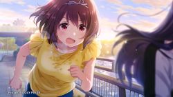 Rule 34 | 2girls, black hair, bow, bridge, brown hair, cygames, dripping, evening, flying sweatdrops, frilled sleeves, frills, glint, hair bow, hair intakes, highres, ibuki nagisa, idoly pride, messy hair, multiple girls, official art, open mouth, outdoors, red eyes, river, running, shirt, sweat, sweaty clothes, water, wet, wet hair, yellow shirt