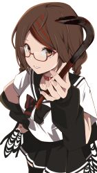 Rule 34 | 1girl, arm up, black bow, black sailor collar, black skirt, black sleeves, bow, braid, brown hair, choker, commentary request, crowbar, dead mount death play, detached sleeves, female focus, foreshortening, from above, from side, glasses, hand on own hip, hand up, highres, holding, holding crowbar, holding weapon, looking at viewer, low twin braids, multicolored hair, parted lips, pleated skirt, red-framed eyewear, red bow, red choker, red hair, ringed eyes, sailor collar, sakimiya misaki, semi-rimless eyewear, short sleeves, simple background, skirt, sleeves past wrists, solo, standing, streaked hair, striped, striped bow, tonogai yoshiki, twin braids, under-rim eyewear, weapon, white background