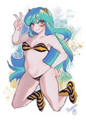 Rule 34 | 1girl, animal print, bikini, blue hair, boots, breasts, character name, closed mouth, commentary request, cone horns, full body, highres, horns, jumping, long hair, looking at viewer, lum, navel, one eye closed, print footwear, s2 (stwo), sidelocks, small breasts, small horns, smile, solo, striped horns, swimsuit, tiger print, urusei yatsura, v, very long hair, yellow eyes, yellow horns