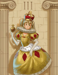 Rule 34 | 1girl, anniversary, breasts, brown hair, column, constricted pupils, cowboy shot, crown, doyora, dress, elbow gloves, eyebrows, gloves, highres, long hair, medical whiskey, neck ruff, pillar, puffy sleeves, queen, scepter, small breasts, solo, twintails, white gloves