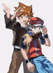 Rule 34 | 2boys, arm around neck, backpack, bag, baseball cap, belt, black wristband, blue oak, blue pants, brown eyes, brown hair, brown pants, commentary request, creatures (company), fingernails, game freak, grey eyes, guma (gumatyo), hand on headwear, hand up, hat, highres, jacket, jewelry, long sleeves, male focus, multiple boys, necklace, nintendo, open mouth, pants, pokemon, pokemon hgss, red (pokemon), salute, short sleeves, spiked hair, tongue, vs seeker, wristband