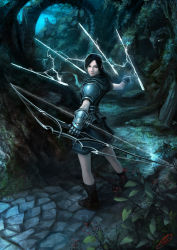Rule 34 | 1girl, akito, arch, archer (fate), archery, armor, arrow (projectile), back, black hair, boots, bow (weapon), brown eyes, electricity, fate (series), forest, gauntlets, glowing, glowing eyes, magic, marksman, nature, night, okita, over shoulder, path, road, solo, weapon, wolf