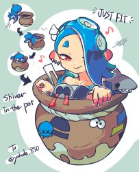 Rule 34 | 1girl, blue hair, cephalopod eyes, closed mouth, commentary request, commission, doggo 1d34, earrings, english text, eyelashes, folded fan, folding fan, green background, hachimaki, hair over one eye, hand fan, headband, highres, jewelry, looking at viewer, medium hair, multiple earrings, multiple views, nejiri hachimaki, nintendo, octoling, octopus, red eyes, red pupils, shark, sharp teeth, shiver (splatoon), simple background, smile, splatoon (series), splatoon 3, teeth, tentacle hair, thick eyebrows, tooth earrings, two-tone background, white background