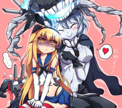 Rule 34 | ..., 10s, 2girls, :&gt;, ^ ^, abyssal ship, anchor, anchor hair ornament, blonde hair, bodysuit, cheek poking, closed eyes, covered navel, crop top, drooling, elbow gloves, enemy aircraft (kancolle), finger to face, gloom (expression), gloves, hair ornament, hand on another&#039;s cheek, hand on another&#039;s face, hand on another&#039;s head, headgear, heart, highres, kantai collection, licking, long hair, looking up, microskirt, monster, multiple girls, navel, pale skin, personification, poking, rayno, rensouhou-chan, sailor collar, shaded face, shaking, shimakaze (kancolle), skirt, speech bubble, spoken ellipsis, spoken heart, striped clothes, striped legwear, striped thighhighs, sweat, sweatdrop, thighhighs, trembling, wo-class aircraft carrier, yellow eyes, you gonna get raped, yuri