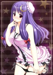 Rule 34 | 1girl, blush, crescent, crescent hair ornament, female focus, hair ornament, highres, kaneru, long hair, panties, panty pull, patchouli knowledge, purple hair, pussy juice, pussy juice trail, red eyes, sandals, side-tie panties, solo, star (symbol), striped, touhou, underwear