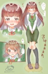 Rule 34 | 2girls, artist name, between legs, black socks, blush, breasts, breath, brown eyes, brown footwear, brown hair, closed eyes, crying, embarrassed, female focus, full body, green background, green skirt, green vest, half-closed eyes, hand between legs, have to pee, highres, japanese text, kneehighs, knees together feet apart, kobayasi okasi, long hair, long sleeves, looking at viewer, matching hair/eyes, medium breasts, multiple girls, multiple views, neck ribbon, nose blush, open mouth, original, own hands together, peeing, peeing self, pigeon-toed, puddle, red ribbon, ribbon, school uniform, shirt, shoes, short hair, signature, simple background, skirt, socks, speech bubble, standing, sweat, talking, tears, teeth, text focus, tongue, translation request, trembling, twitter username, uniform, v arms, vest, wet, wet clothes, white shirt