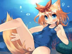 Rule 34 | 1girl, animal ears, bare legs, bare shoulders, blue eyes, blush, bow, brown hair, bubble, collarbone, fang, female focus, flat chest, fox ears, fox tail, hair bow, looking at viewer, nature, navel, one-piece swimsuit, open mouth, orange hair, original, plant, school swimsuit, short hair, solo, swimsuit, tail, toba hiyoko, underwater