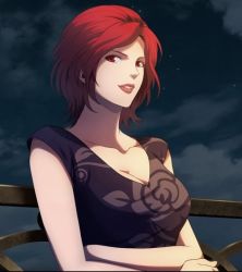 Rule 34 | 1girl, alternate costume, black dress, breasts, cleavage, cross arms, dress, large breasts, looking at viewer, matching hair/eyes, mature female, official art, red eyes, red hair, smile, snk, star (sky), the king of fighters, the king of fighters xv, vanessa (kof)