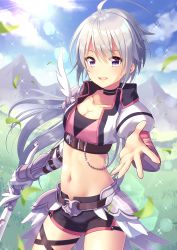 Rule 34 | 1girl, :d, absurdres, ahoge, armor, bad id, bad pixiv id, belt, black shorts, blue sky, breasts, choker, cleavage, cloud, collarbone, commentary request, cowboy shot, crop top, cropped jacket, day, falling leaves, faulds, floating hair, gauntlets, gloves, highres, holding, holding sword, holding weapon, ichiren namiro, jacket, leaf, lens flare, light rays, long hair, looking at viewer, midriff, navel, open clothes, open jacket, open mouth, outdoors, princess connect!, purple eyes, short shorts, shorts, sidelocks, silver hair, single glove, sky, small breasts, smile, solo, standing, sunbeam, sunlight, sword, tomo (princess connect!), weapon, white gloves, white jacket, wing collar