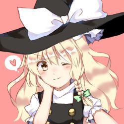 Rule 34 | &gt;;), 1girl, ;), blonde hair, blush, bow, braid, buttons, commentary, hand rest, hat, hat bow, head rest, head tilt, heart, kirisame marisa, one eye closed, puffy short sleeves, puffy sleeves, reaching, reaching towards viewer, selfie, short sleeves, side braid, single braid, smile, solo, spoken heart, touhou, turtleneck, v-shaped eyebrows, vest, wavy hair, witch hat, yellow eyes, yururi nano