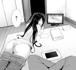 Rule 34 | 1boy, 1girl, ?, absurdres, ass, black hair, clothes pull, controller, game console, game controller, greyscale, highres, indoors, long hair, lying, manno (kanpi2100), monochrome, nintendo, on stomach, open mouth, original, panties, pants, pants pull, playing games, shirt, sitting, speech bubble, super smash bros., television, text focus, translation request, underwear, white panties, wii remote, wii u