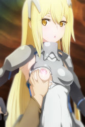Rule 34 | 10s, 1girl, :o, aiz wallenstein, armor, armored dress, asymmetrical breastplate, bad anatomy, black gloves, blonde hair, blurry, grabbing another&#039;s breast, breastplate, breasts, brown eyes, cave, depth of field, dress, dungeon ni deai wo motomeru no wa machigatteiru darou ka, elbow gloves, eyes visible through hair, gloves, grabbing, groping, hair between eyes, indoors, long hair, long sleeves, looking at viewer, medium breasts, nipples, one breast out, open mouth, rbx lamen, solo focus, sword oratoria, torn clothes, torn dress, waist plate, waistplate, white dress
