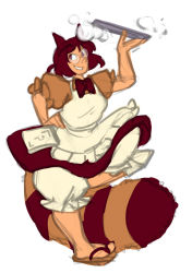 Rule 34 | 1girl, abstract cactus, adapted costume, animal ears, apron, bad id, bad pixiv id, bloomers, bow, brown eyes, brown hair, futatsuiwa mamizou, glasses, hand on own hip, maid, maid apron, raccoon ears, raccoon tail, sketch, smile, tail, touhou, tray, underwear