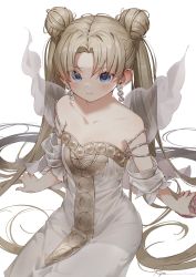 Rule 34 | 1girl, bad id, bad twitter id, bare shoulders, bishoujo senshi sailor moon, blonde hair, blue eyes, blush, breasts, closed mouth, collarbone, detached sleeves, dot nose, double bun, dress, earrings, female focus, grey dress, hair bun, highres, jewelry, legs together, long hair, long twintails, looking at viewer, off-shoulder dress, off shoulder, official alternate costume, parted bangs, ryota (ry o ta), short sleeves, signature, simple background, sitting, small breasts, solo, transparent wings, tsukino usagi, twintails, v-shaped eyebrows, very long hair, white background