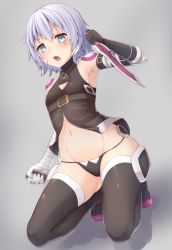 Rule 34 | &gt;:o, 1girl, :o, aqua eyes, armpits, bandaged arm, bandages, bare shoulders, belt, black panties, black thighhighs, blush, boots, breasts, center opening, crop top, dual wielding, fang, fate/apocrypha, fate (series), gloves, grey background, groin, highres, holding, holding weapon, jack the ripper (fate/apocrypha), kneeling, knife, looking at viewer, midriff, navel, no pants, open mouth, panties, reinama, scar, scar across eye, scar on face, shoes, short hair, silver hair, single glove, sleeveless, small breasts, solo, tattoo, thigh boots, thighhighs, underwear, v-shaped eyebrows, weapon