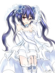 Rule 34 | 1girl, black hair, detached collar, dress, elbow gloves, flower, gloves, hair flower, hair ornament, looking at viewer, neptune (series), niche-tan, noire (neptunia), red eyes, smile, solo, twintails, wedding dress, white gloves, white legwear