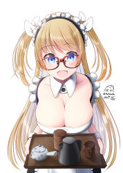 Rule 34 | 1girl, :d, apron, black dress, blonde hair, blue eyes, blush, breasts, cleavage, collar, commentary request, cup, dated, detached collar, dress, glasses, heart, highres, holding, holding tray, large breasts, long hair, looking at viewer, maid, nekobaka, open mouth, original, red-framed eyewear, signature, simple background, sleeveless, sleeveless dress, smile, solo, teapot, tray, twintails, twitter username, two side up, very long hair, white apron, white background, white collar, wing collar
