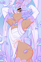Rule 34 | 1boy, absurdres, animal ears, arm behind head, armpits, ass, cleavage cutout, clothing cutout, commentary, constellor, dark-skinned male, dark skin, dress, elbow gloves, flower, gloves, highres, male focus, no male underwear, original, purple eyes, purple hair, rabbit boy, rabbit ears, rabbit tail, scarf, smile, solo, tail, thick eyebrows, trap, white dress, white scarf