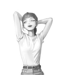 Rule 34 | 1girl, arms behind back, arms up, belt, blunt bangs, eyelashes, grey background, greyscale, highres, long eyelashes, long hair, monochrome, open mouth, original, shirt tucked in, simple background, sleeves rolled up, smile, solo, teeth, tibesaaa, upper teeth only