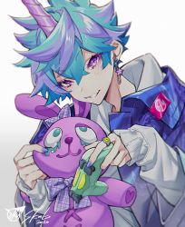 Rule 34 | 1boy, blue hair, commission, copyright request, dated, earrings, fingernails, freckles, grey background, highres, holding, horns, jacket, jewelry, long sleeves, looking at viewer, male focus, nail polish, parted lips, purple hair, purple jacket, purple nails, ring, samei ikusa, signature, simple background, single horn, skeb commission, sleeves past wrists, smile, solo, stuffed animal, stuffed rabbit, stuffed toy, upper body