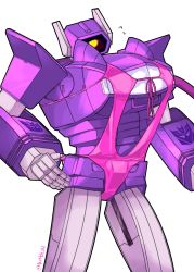 Rule 34 | clothed robot, decepticon, hand on own hip, highres, kotone a, looking down, mecha, one-eyed, robot, science fiction, shockwave (transformers), solo, transformers, white background, yellow eyes