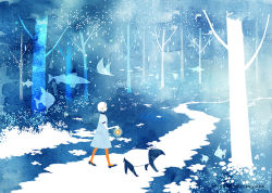 Rule 34 | 1girl, animal, animal request, artist name, bad id, bad pixiv id, blue dress, blue footwear, blue theme, breasts, commentary request, dress, fish, fog, forest, holding, manta ray, monochrome, nature, orange pantyhose, original, outdoors, painting (medium), pantyhose, scenery, shoes, short hair, short sleeves, small breasts, solo, surreal, tapir, traditional media, tsuyuko (raindrop), walking, watercolor (medium), white hair
