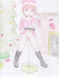 Rule 34 | 1girl, absurdres, belt, black belt, black footwear, boots, bottomless, box, christmas, christmas ornaments, christmas stocking, christmas tree, fangs, fireplace, fur-trimmed headwear, fur-trimmed jacket, fur trim, gift, hand on own hip, hat, highres, holding, jacket, looking at viewer, navel, nikki (omocommando), omocommando, open mouth, peeing, pom pom (clothes), puddle, pussy, red eyes, red hair, red headwear, red jacket, sack, santa costume, santa hat, short hair, smile, standing, teeth, uncensored, vampire