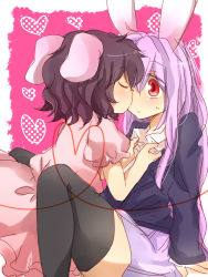 Rule 34 | 2girls, animal ears, arm support, blush, brown hair, rabbit ears, clothes grab, clothes pull, collar, collar grab, closed eyes, face-to-face, female focus, heart, imminent kiss, inaba tewi, multiple girls, purple hair, red eyes, reisen udongein inaba, shy, sitting, surprised, sweat, thighhighs, touhou, yuri, zawameki