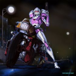 Rule 34 | 1980s (style), 1boy, 1girl, arcee, autobot, commentary, english commentary, english text, gun, hinomars19, holding, holding gun, holding weapon, looking down, mecha, motor vehicle, motorcycle, oldschool, parody, retro artstyle, robot, sunglasses, terminator (series), the terminator, transformers, weapon, wreck-gar