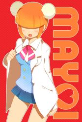 Rule 34 | 1girl, :3, acchi kocchi, asapaa, blush, breasts, character name, commentary request, hair over eyes, heart, katase mayoi, lab coat, open mouth, orange hair, school uniform, short hair, skirt, solo