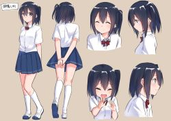 Rule 34 | 1girl, arm behind back, bad id, bad twitter id, black hair, blue eyes, blue skirt, blush, bow, bowtie, breasts, closed eyes, closed mouth, collared shirt, facing viewer, from behind, from side, hair between eyes, kneehighs, looking afar, looking at viewer, multiple views, open mouth, original, pleated skirt, red neckwear, school uniform, shirt, shoes, short hair, short sleeves, side ponytail, simple background, skirt, small breasts, smile, socks, suzunari shizuku, translation request, uwabaki, wavy mouth, white shirt, white socks, yuki arare
