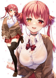 Rule 34 | 1girl, alternate costume, blazer, blush, breasts, heterochromia, highres, hololive, houshou marine, jacket, large breasts, long hair, looking at viewer, mouth hold, multiple views, red eyes, red hair, ribbon, rosuuri, school uniform, shoes, smile, thighhighs, twintails, virtual youtuber, watermark, web address, yellow eyes