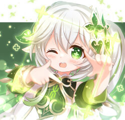 Rule 34 | 1girl, araki495, blush, commentary request, cross-shaped pupils, crossed bangs, dress, finger frame, genshin impact, gold trim, green eyes, green sleeves, green theme, hair between eyes, hair ornament, highres, leaf hair ornament, long hair, nahida (genshin impact), one eye closed, open mouth, pointy ears, side ponytail, solo, symbol-shaped pupils, teeth, upper body, upper teeth only, white dress, white hair