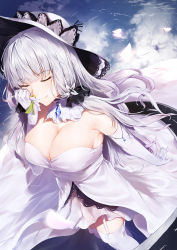 Rule 34 | 1girl, absurdres, azur lane, bad id, bad pixiv id, bare shoulders, black ribbon, blue sky, blush, breasts, cleavage, closed eyes, closed mouth, cloud, cloudy sky, commentary, day, dress, elbow gloves, facing viewer, flower, garter straps, gem, gloves, hair ribbon, hand up, hat, highres, holding, holding flower, hplay, illustrious (azur lane), large breasts, long hair, mole, mole under eye, outdoors, petals, reflection, ribbon, ripples, silver hair, sky, smelling, smelling flower, smile, solo, standing, strapless, strapless dress, sun hat, thighhighs, very long hair, white dress, white flower, white gloves, white hat, white thighhighs