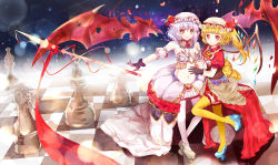 Rule 34 | 2girls, black gloves, blonde hair, blue hair, checkered floor, chess piece, detached sleeves, female focus, flandre scarlet, floor, gloves, hat, hat ribbon, heco (mama), looking at viewer, multiple girls, navel, pantyhose, puffy sleeves, red eyes, remilia scarlet, ribbon, side ponytail, thighhighs, touhou, weapon, white legwear, wings, yellow legwear