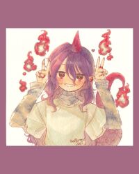 Rule 34 | 1girl, blush, border, commentary request, double v, fire, green shirt, grin, hair between eyes, heart, highres, horns, jewelry, long hair, long sleeves, looking at viewer, pointy ears, purple border, purple hair, purple horns, purple tail, red eyes, red horns, ring, sasa6666s, shirt, short sleeves, simple background, single horn, smile, solo, tail, tenkajin chiyari, touhou, traditional media, upper body, v, white background