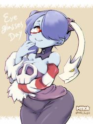 Rule 34 | arm under breasts, blue hair, blue skin, breasts, cleavage, colored skin, cowboy shot, detached collar, detached sleeves, dress, glasses, hand to own mouth, highres, looking at viewer, mtk hoshi, side ponytail, skullgirls, smile, squigly (skullgirls), stitched mouth, stitches, striped, tan background, zomboe