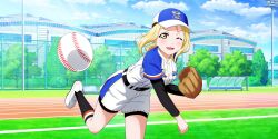 Rule 34 | 1girl, absurdres, baseball, baseball cap, baseball glove, baseball uniform, black socks, blonde hair, game cg, hat, highres, love live!, love live! school idol festival all stars, love live! sunshine!!, official art, ohara mari, one eye closed, outdoors, socks, sportswear, white footwear, yellow eyes