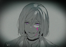 Rule 34 | 1boy, akudama drive, artist name, blood, choker, commentary request, cutthroat (akudama drive), gradient background, grey background, hair between eyes, instagram logo, looking at viewer, male focus, monochrome, ninilu, pink blood, pink eyes, portrait, short hair, smile, solo, spot color, twitter logo